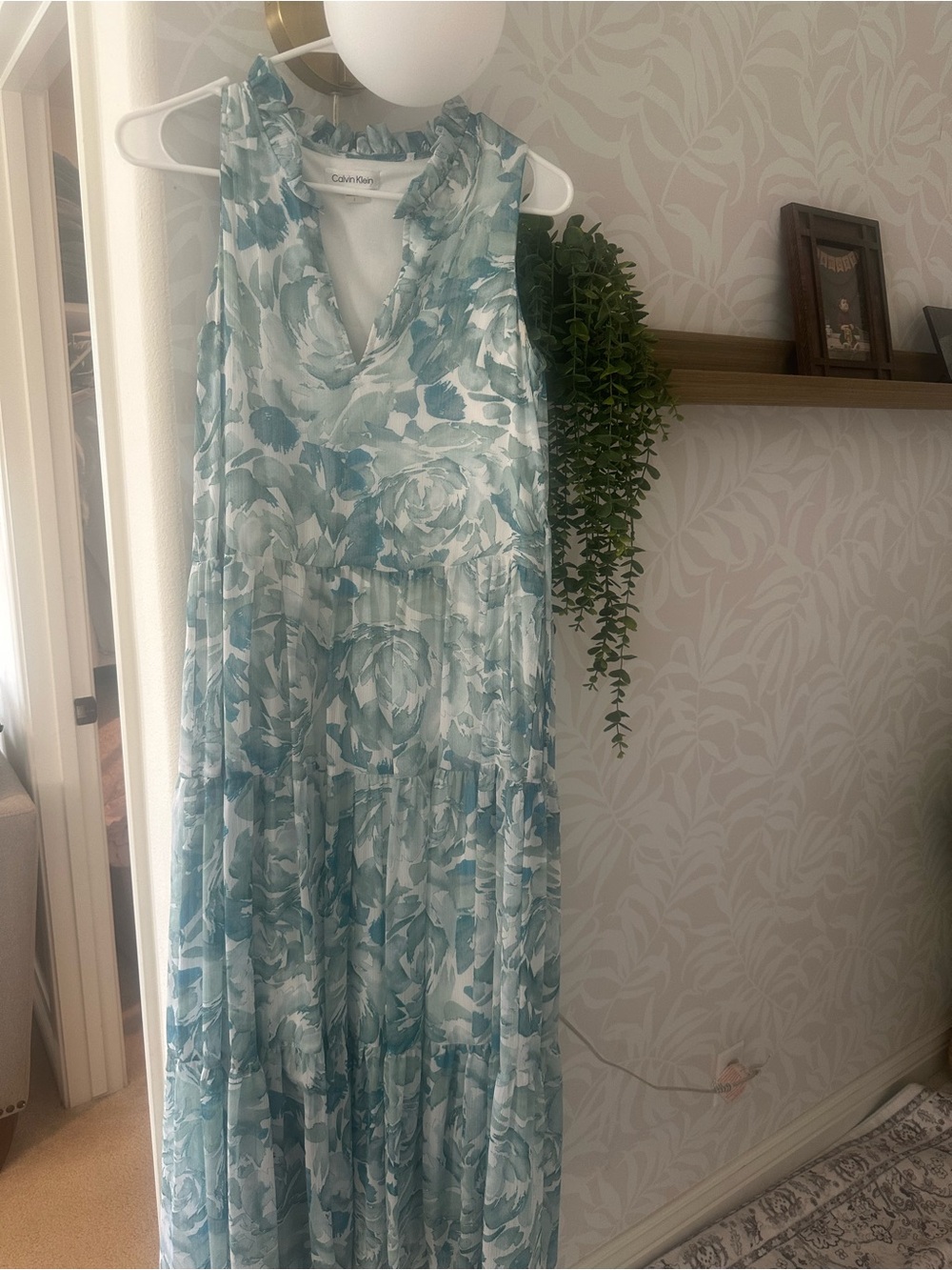 Calvin Klein Teal and White Floral Tiered Maxi Dress
